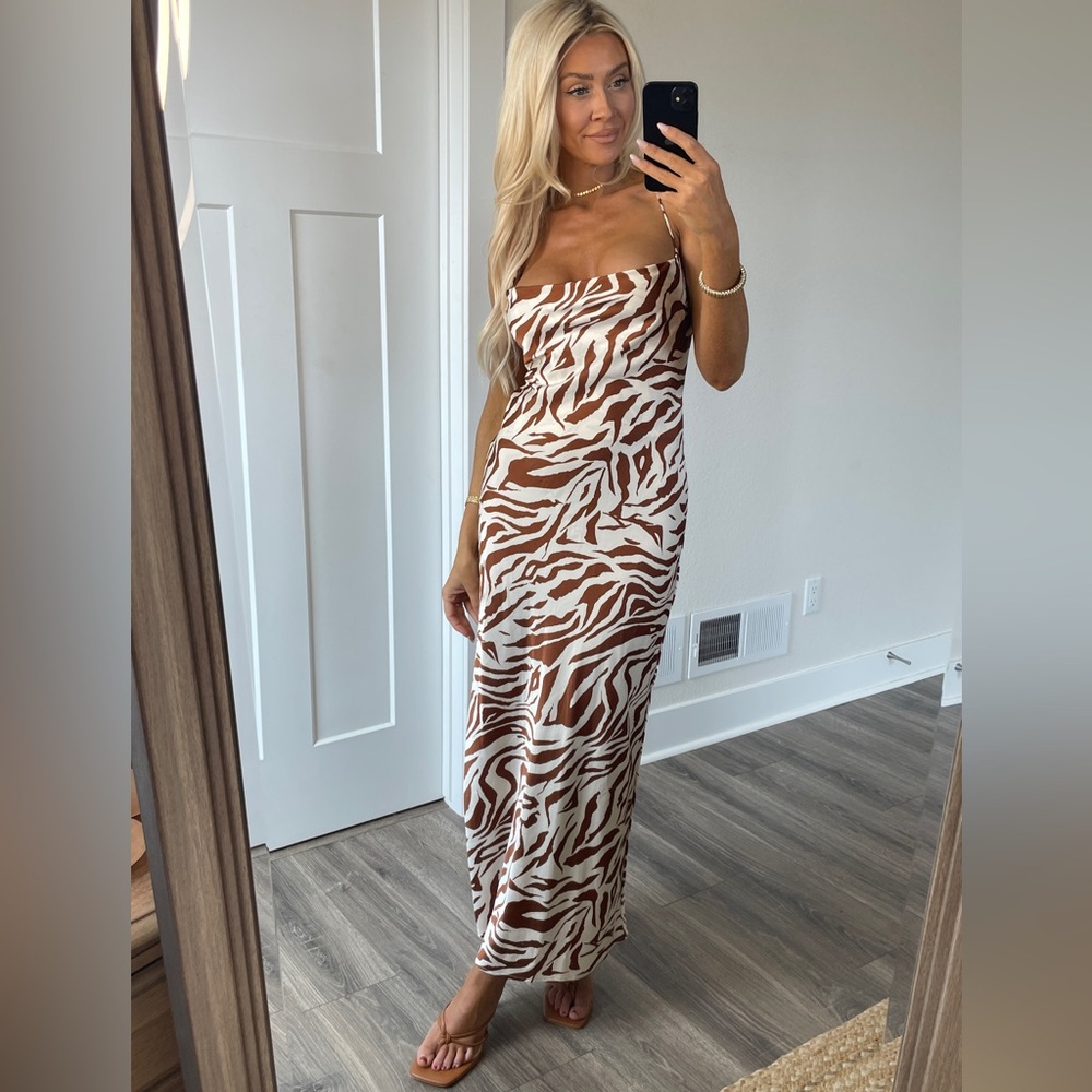 Brown Zebra Print Slip Maxi Dress